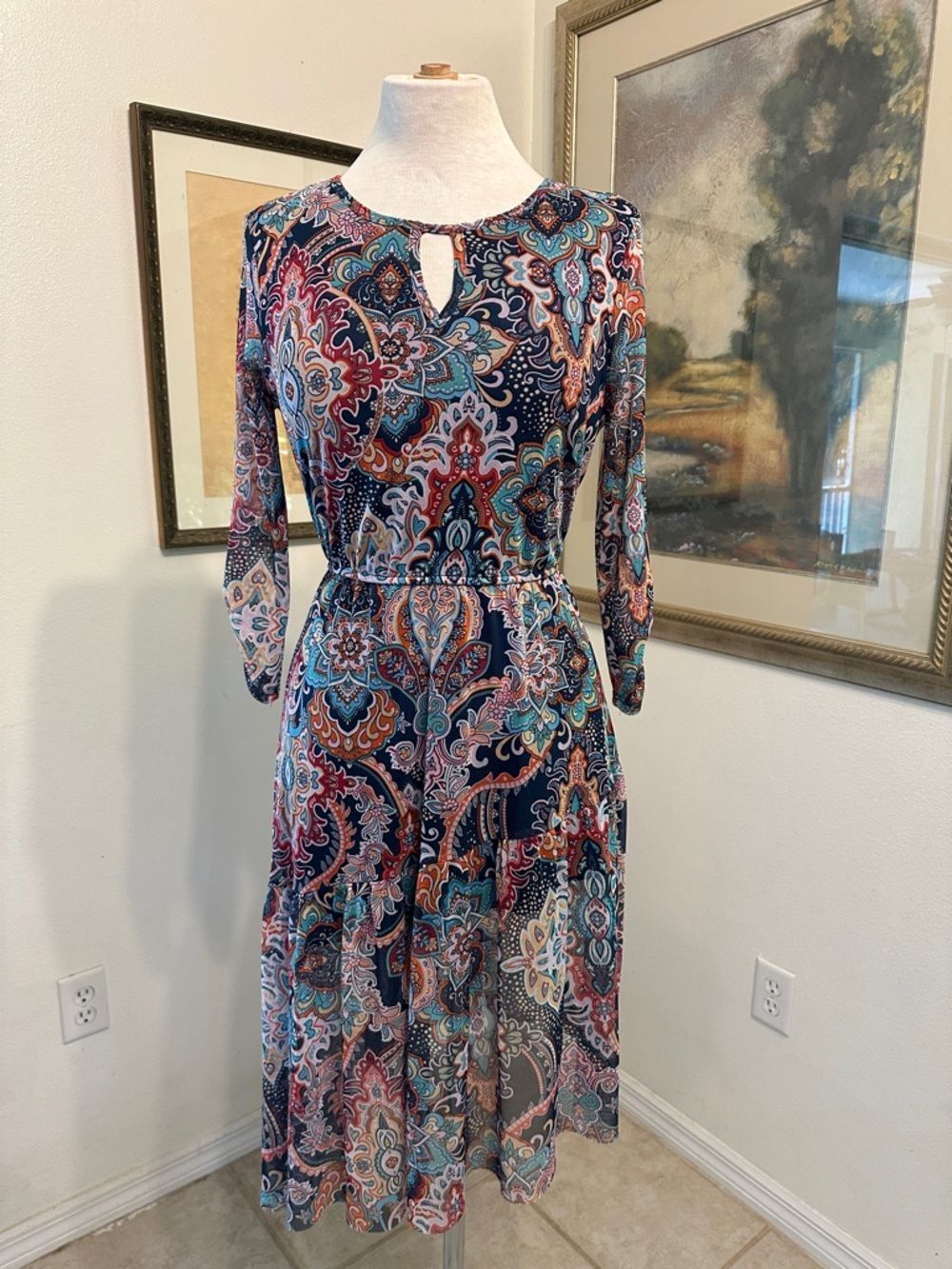 Harlow & Rose Navy Multicolor Geometric Asymmetrical Hem Dress Size Medium